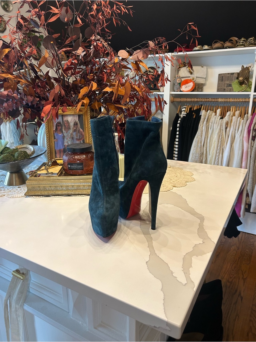 Christian Louboutin High-Heel Suede Ankle Boots in Teal with Red Sole